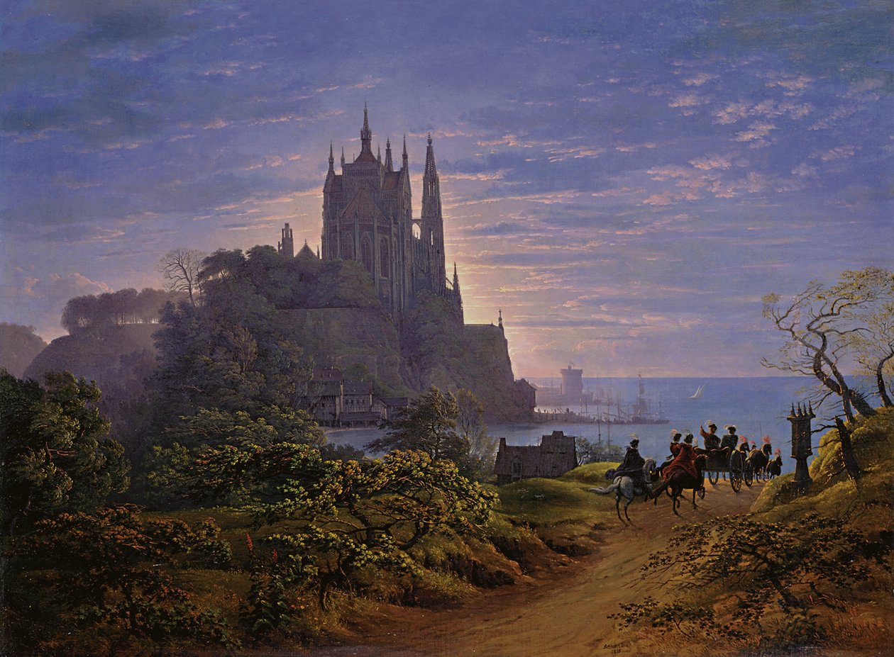 Gotische kerk op een rots aan zee door Karl Friedrich Schinkel