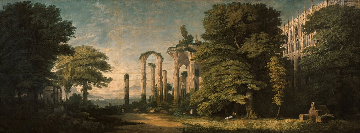 Gotische kloosterruïne en groepen bomen door Karl Friedrich Schinkel