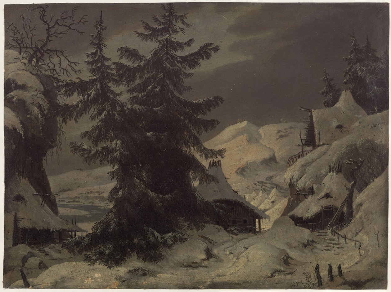 Graaf Benjowski, of de samenzwering op Kamtsjatka. Toneelstuk van August von Kotzebue. Ontwerp voor het tweede decor. Dorp met sneeuwlandschap door Karl Friedrich Schinkel