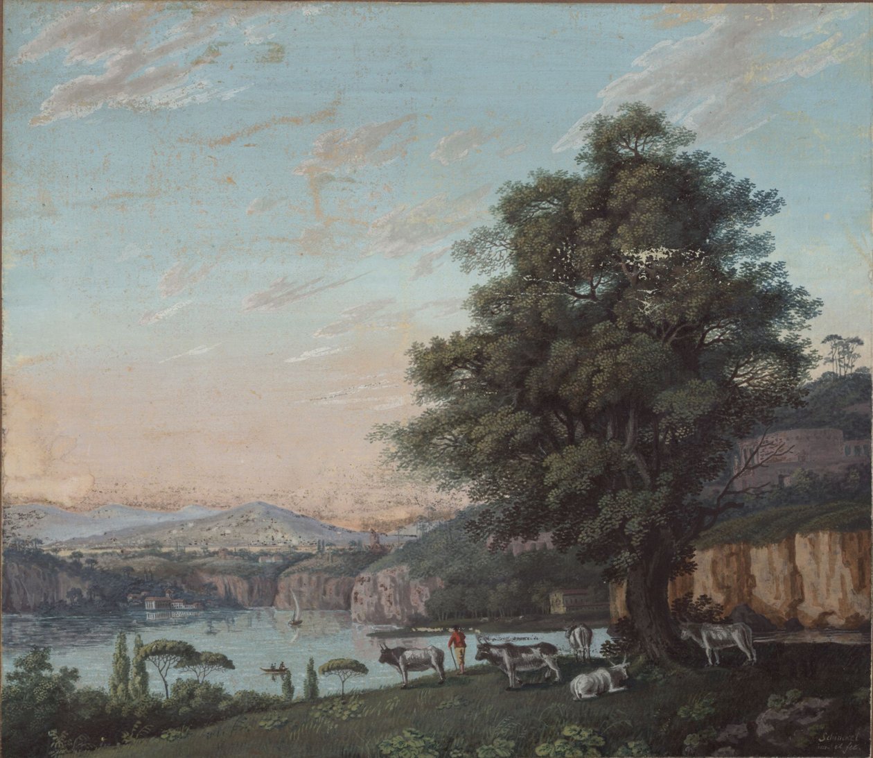 Italiaans ideaal landschap met boom, kudde en bergen door Karl Friedrich Schinkel