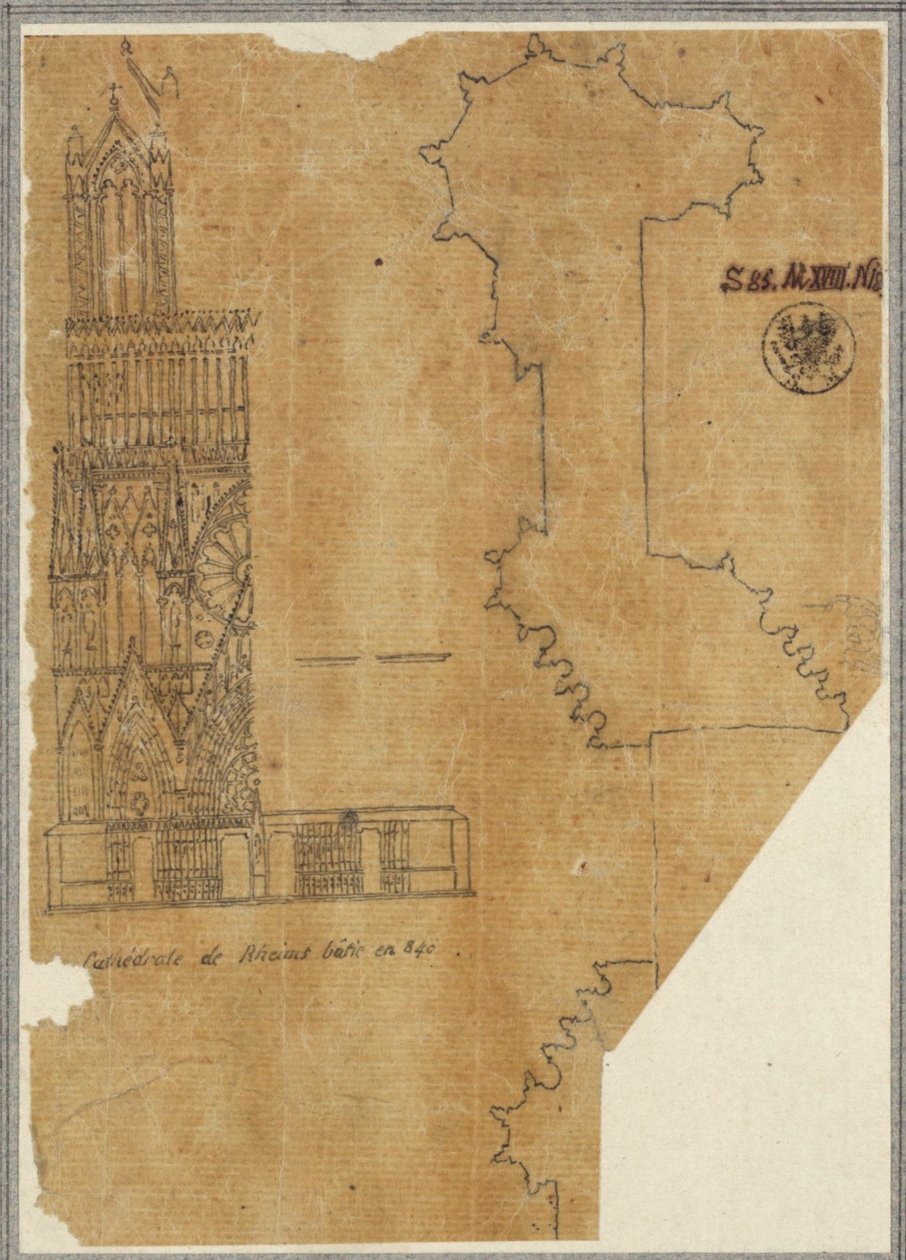 Kathedrale von Reims. Teilansicht der Westfassade und Grundriss door Karl Friedrich Schinkel
