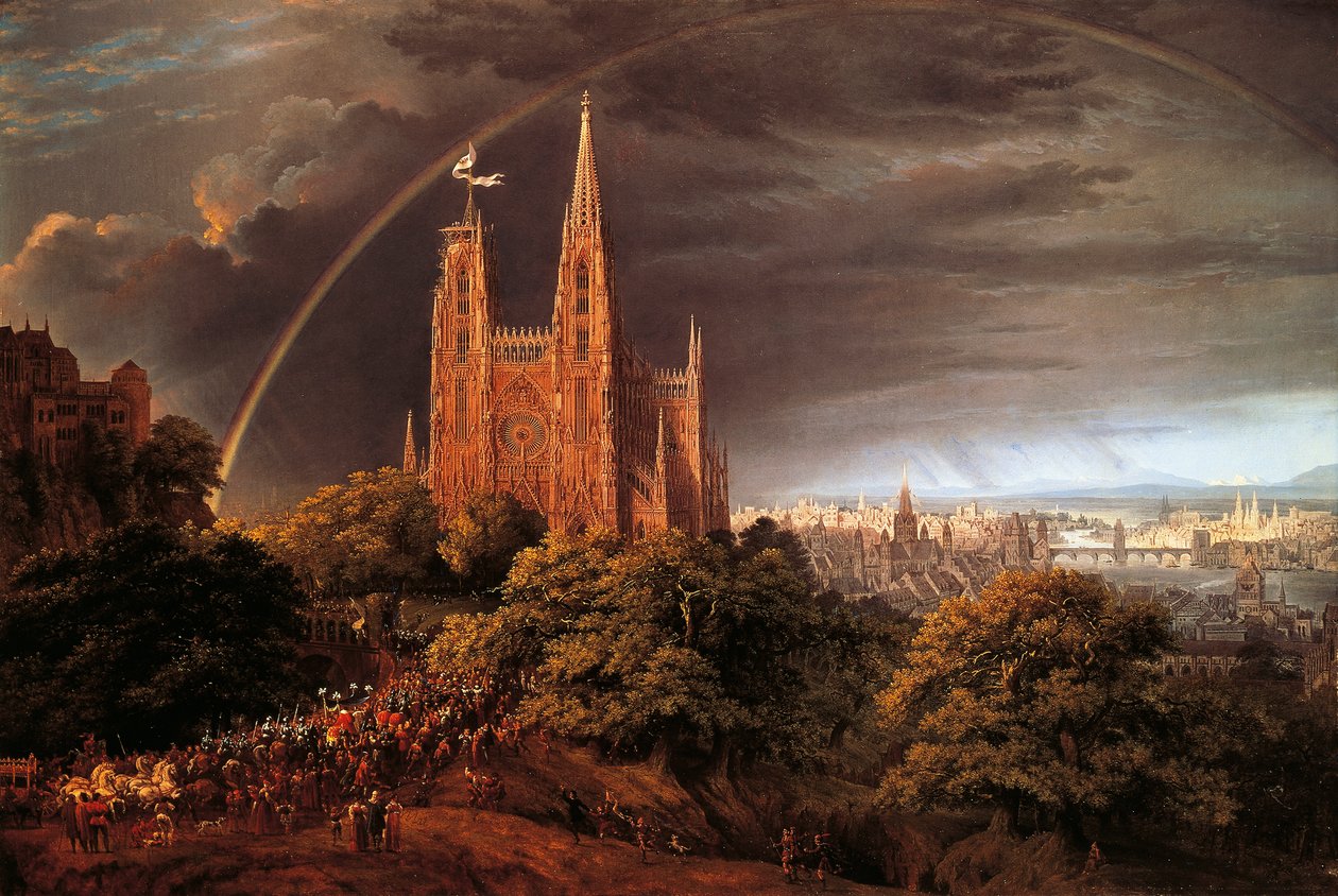 Middeleeuwse stad aan de oever van een rivier door Karl Friedrich Schinkel