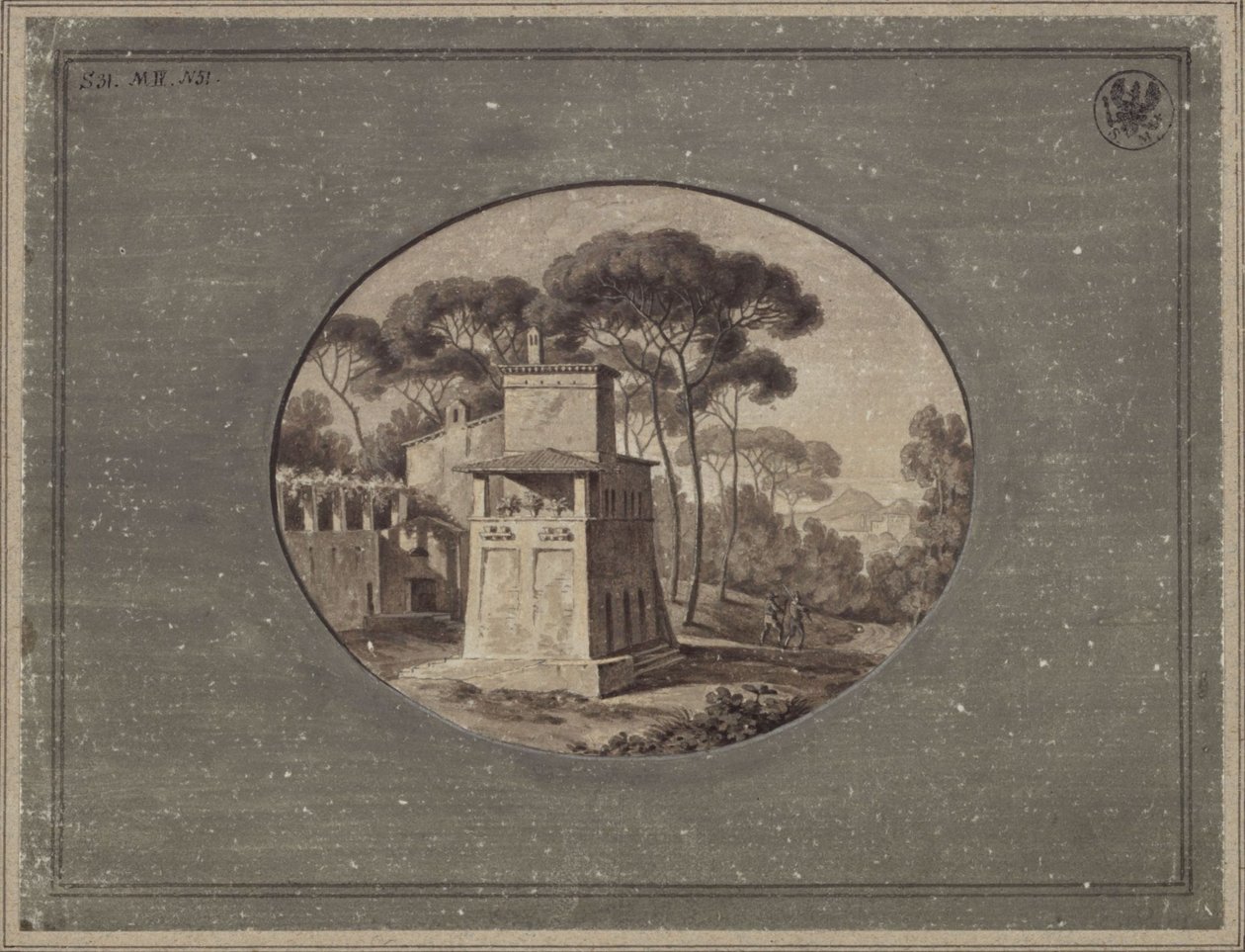 ‘Melkerij in het dennenbos van Villa Borghese bij Rome’ / Het Casa Cenci in het park van Villa Borghese in Rome door Karl Friedrich Schinkel