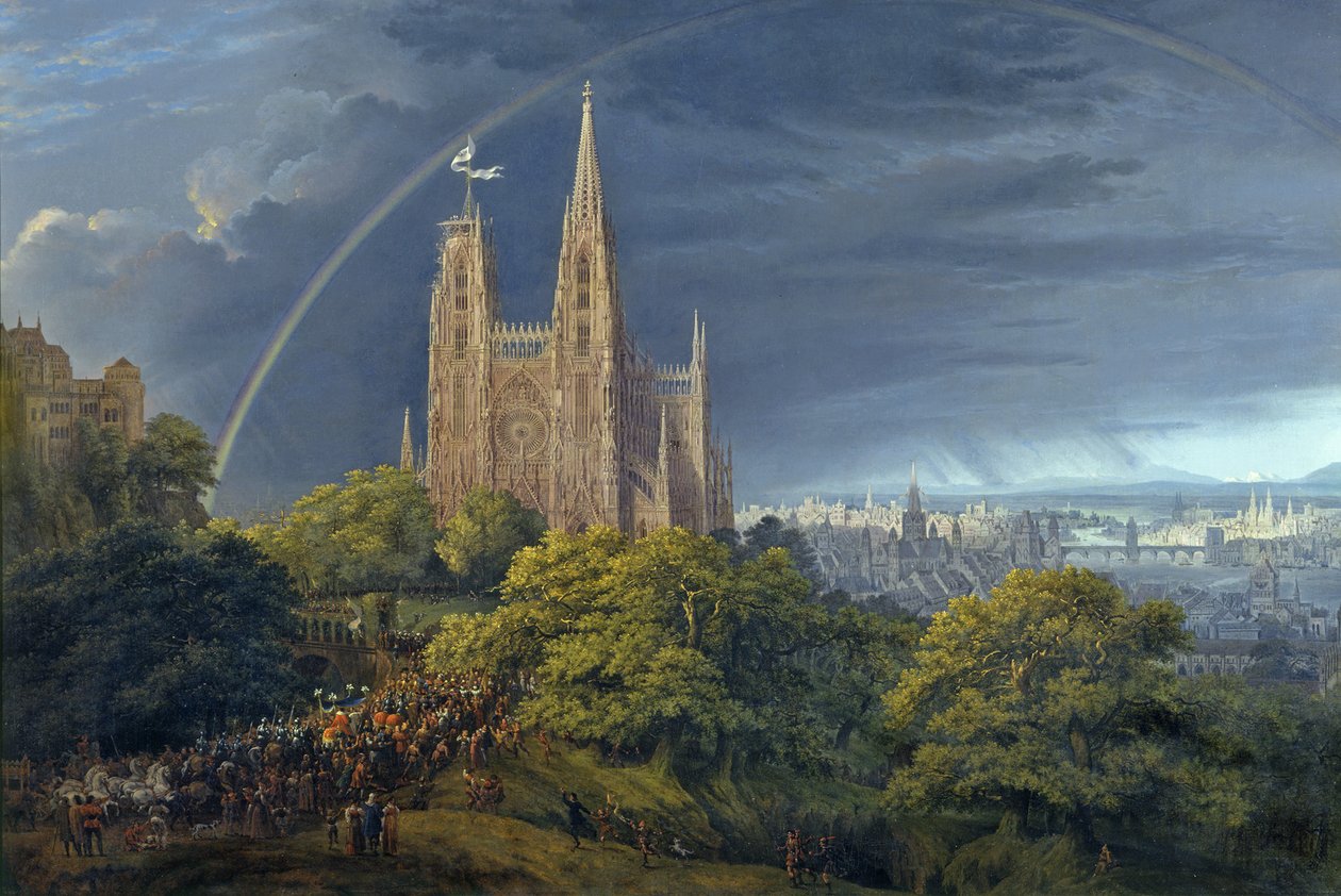 Middeleeuwse stad aan een rivier door Karl Friedrich Schinkel