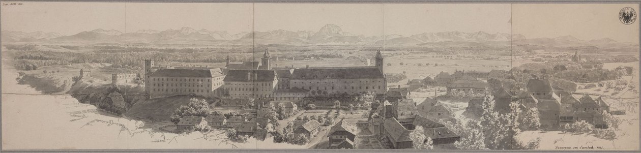 Panorama van Lambach met het benedictijnenklooster door Karl Friedrich Schinkel