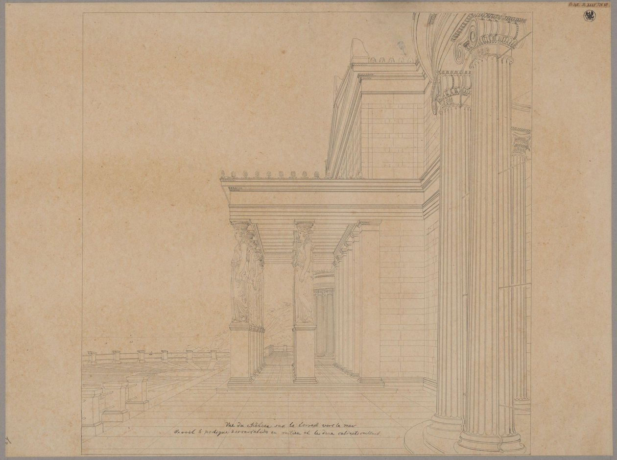 Kasteel Orianda op de Krim. Ontwerp in antieke stijl. Kasteelterras met portiek met uitzicht op zee door Karl Friedrich Schinkel