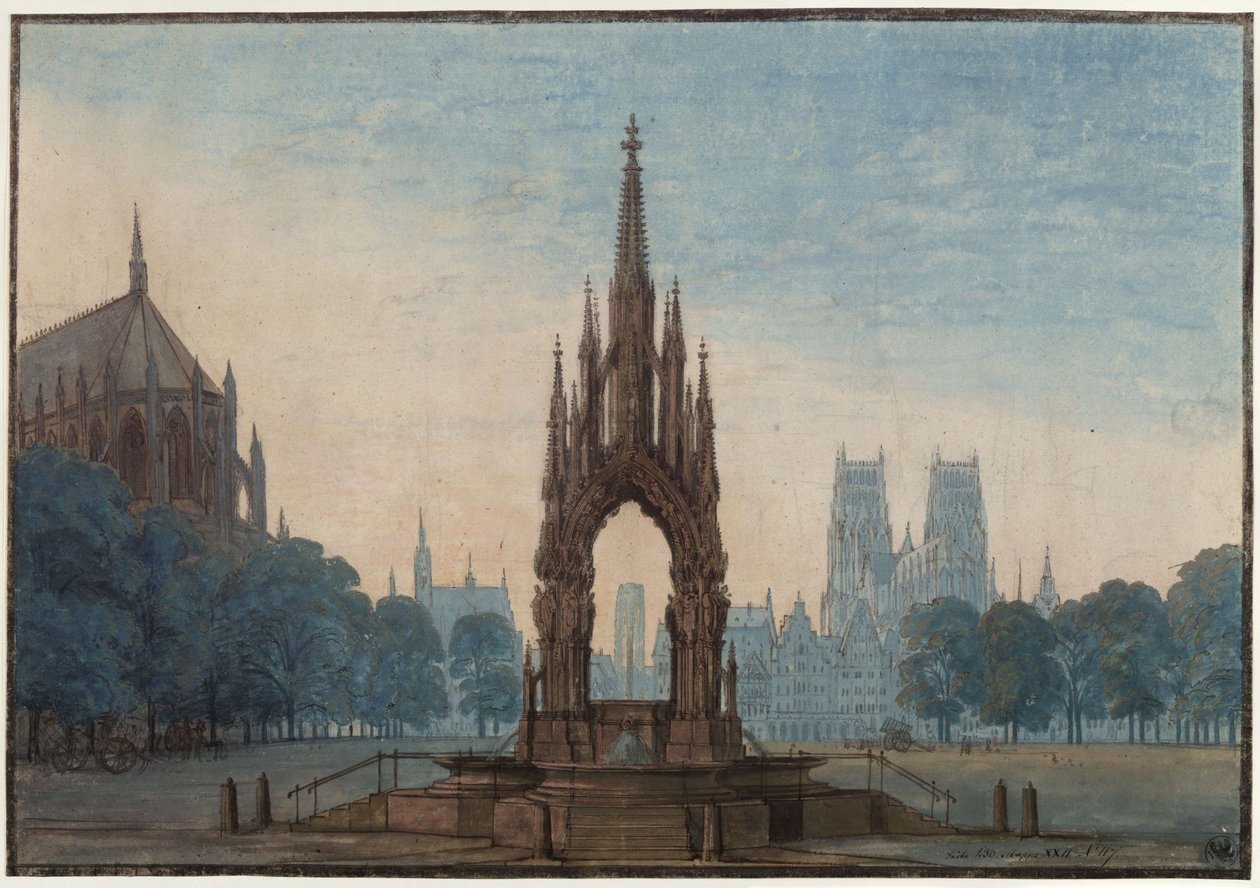 Undine. Opera van E. T. A. Hoffmann. Ontwerp van het derde decor. Marktplein met fontein door Karl Friedrich Schinkel