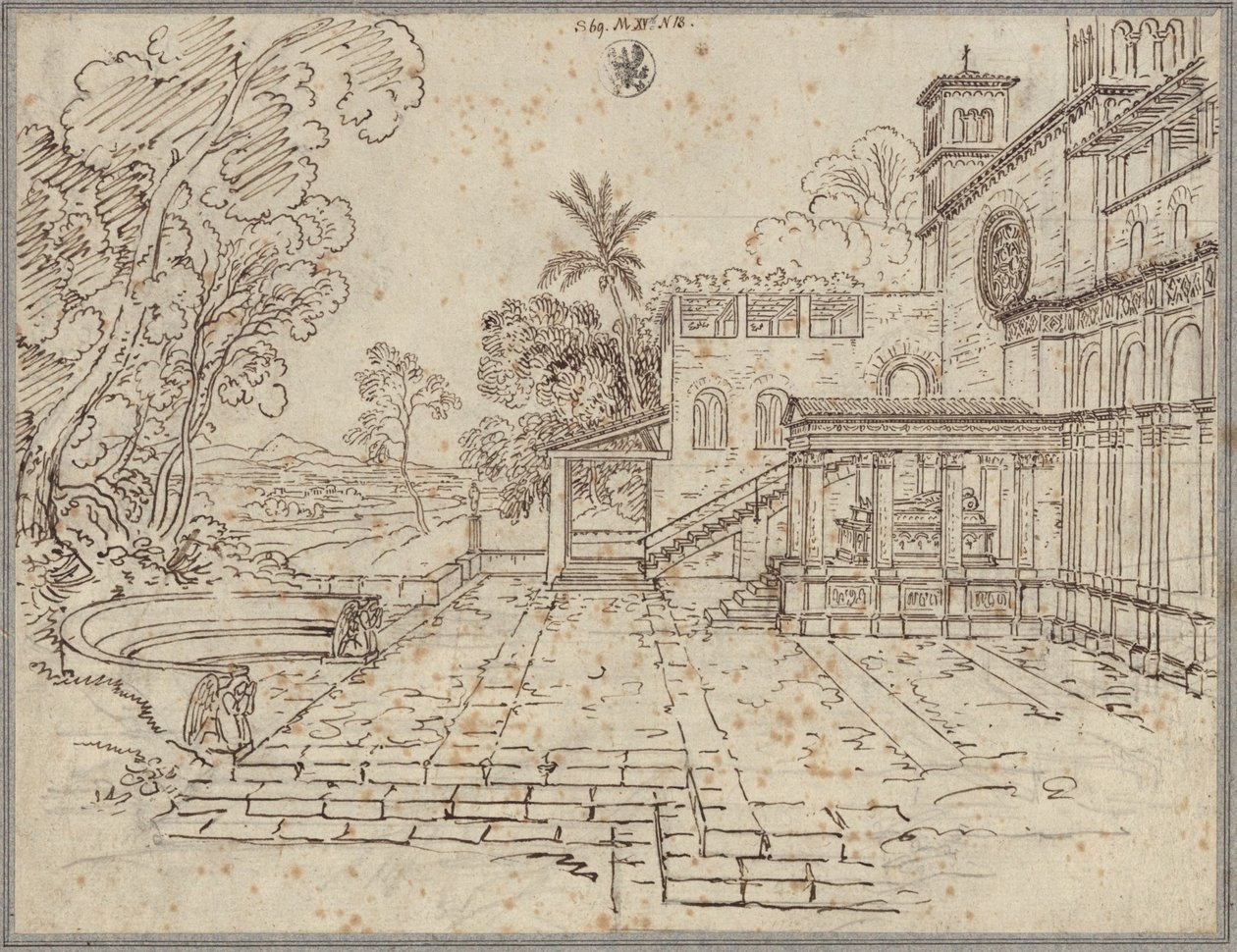 Voorplein voor een kerk met een monument door Karl Friedrich Schinkel