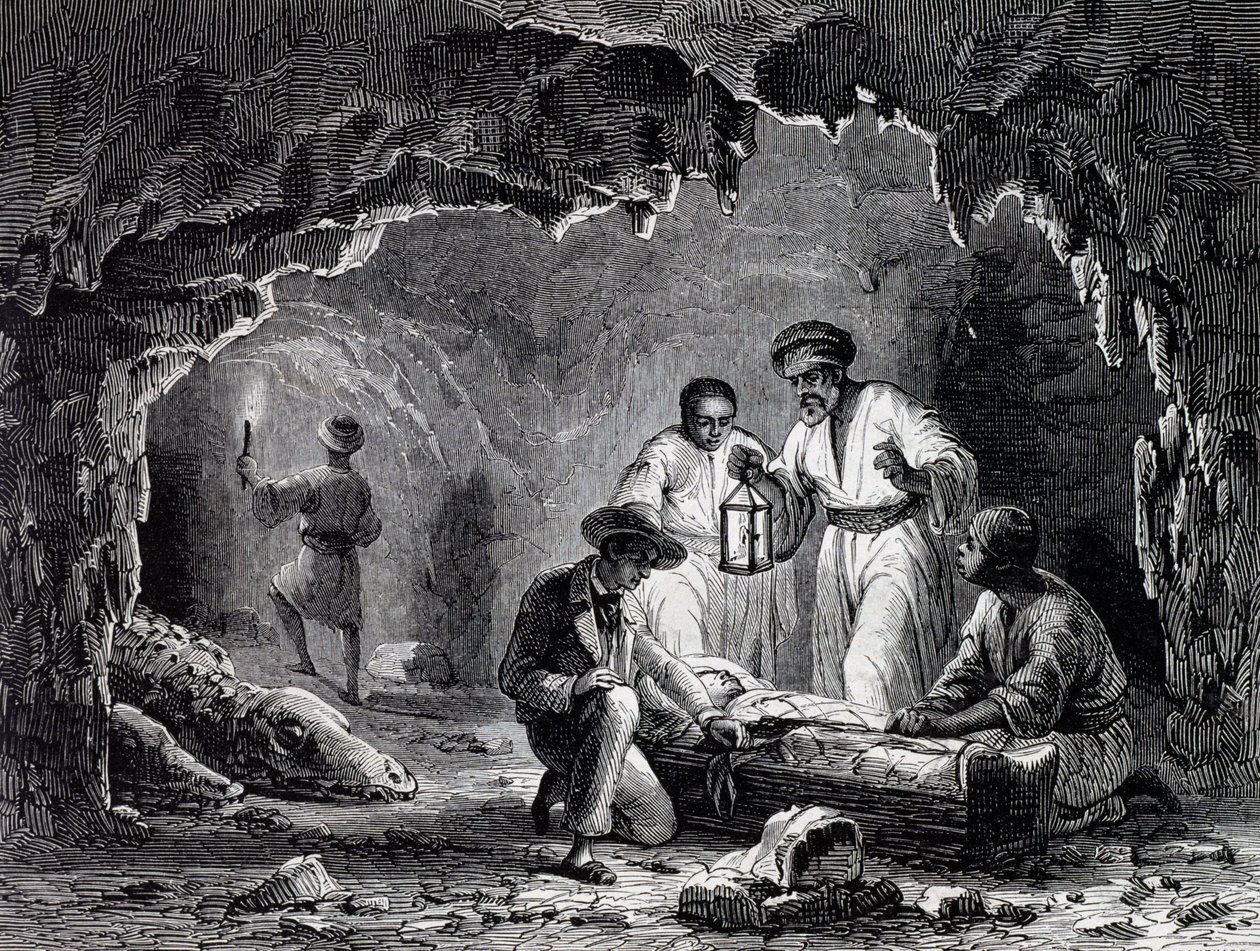 Archeologische ontdekkingen in grotten van Samoun, gravure gebaseerd op tekening door Karl Girardet door Karl Girardet