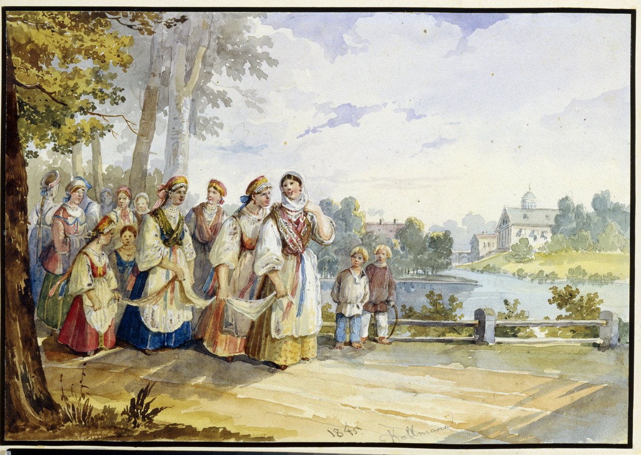 Russische boerinnen in feestjurk door Karl Ivanovich Kolmann