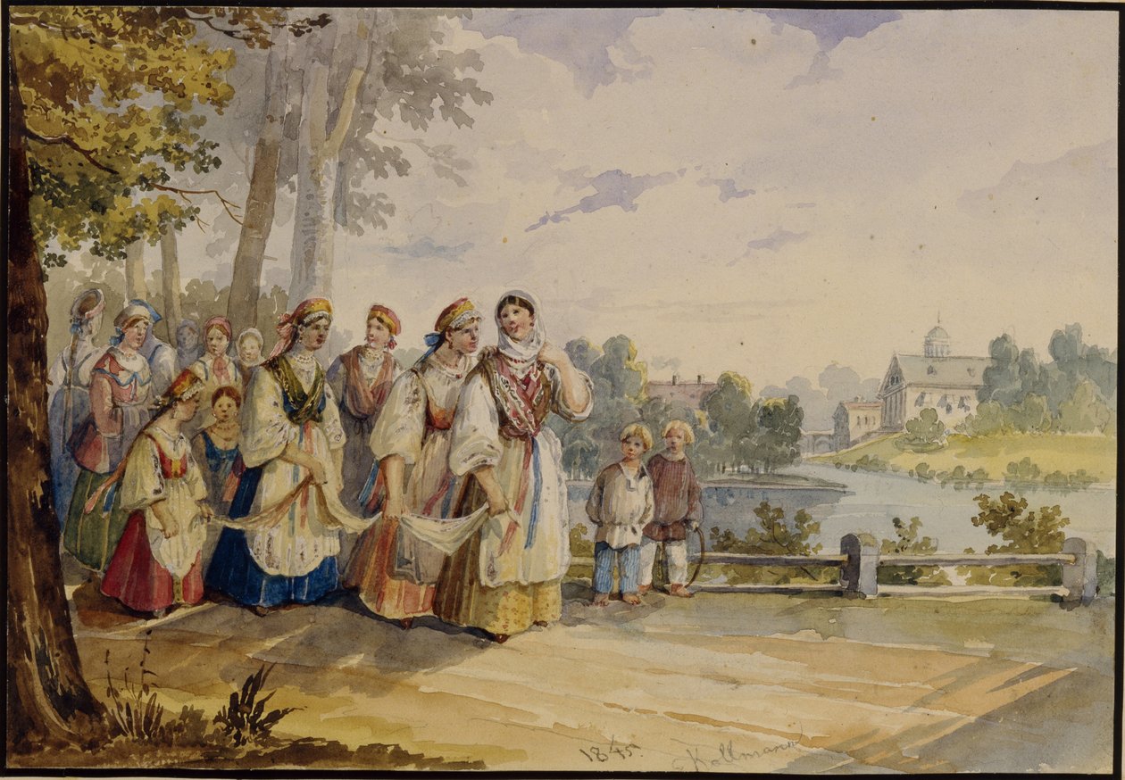 Russische boerinnen met Feestkleding, 1845 door Karl Ivanovich Kolmann