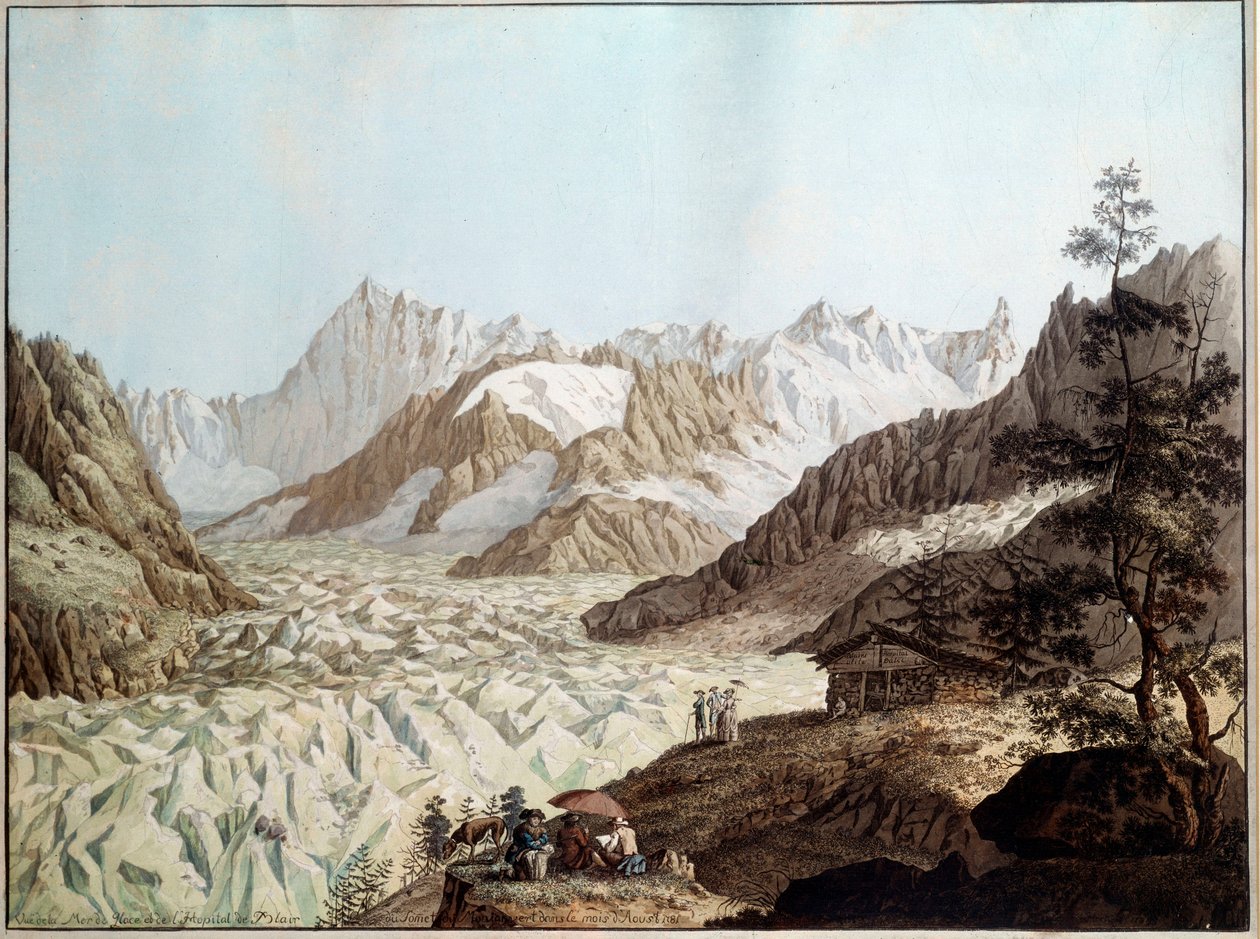 Uitzicht op de zee van ijs van de Mont Avert bij Chamonix in de Alpen door Karl Ludwig Hackert