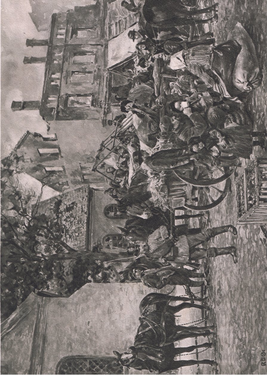 Oost-Pruisische vluchtelingen die naar huis terugkeren, rustend op het marktplein in Tapiau, illustratie uit Hindenburg uitgegeven door Daterlandischer Derlag C U Weller Berlin door Karl Storch