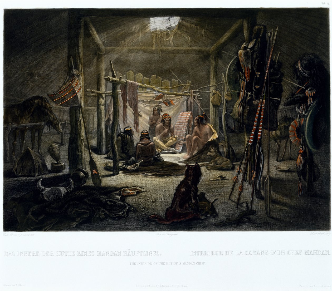 Het Interieur van de Hut van een Mandan Hoofdman, gegraveerd door Narcisse Edmond Desmadryl (c.1835) door Karl after Bodmer