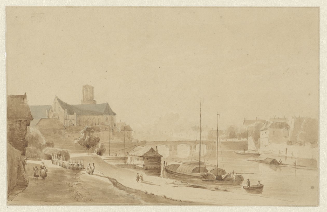 Stad aan een rivier door Kasparus Karsen (possibly)