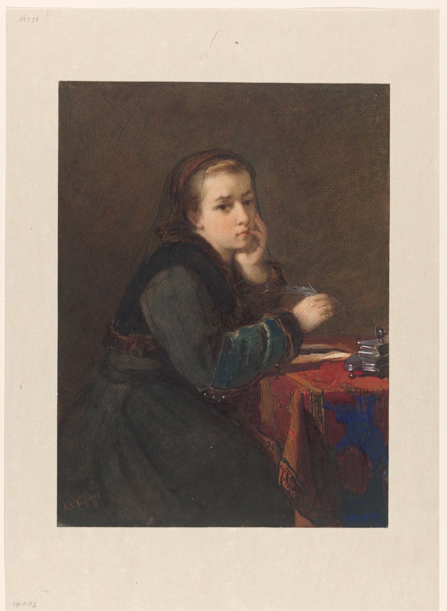 Meisje, zittend schrijvend aan een tafel door Kate Bisschop Swift