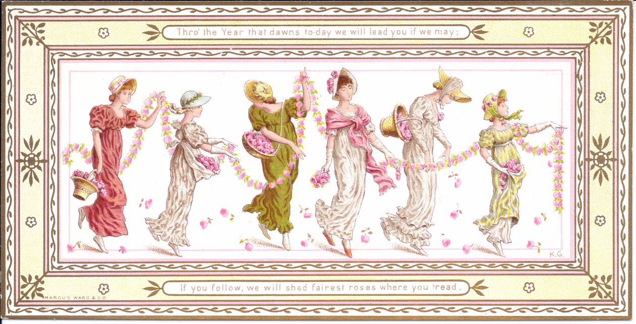 Victoriaanse wenskaart van een kind met een gele sjaal om zijn nek, ca. 1880 door Kate Greenaway