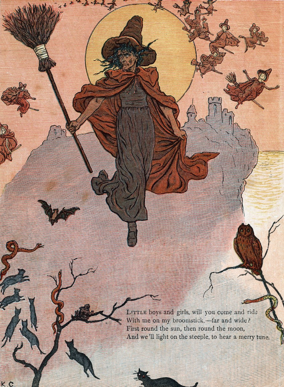 Een heks en haar bezem omringd door zwarte katten, vleermuis en uil. (Jongens en meisjes, willen jullie met mij op mijn bezemsteel rijden?) Illustratie door Kate Greenaway (1846-1901) uit het boek met verhalen en kinderrijmpjes 