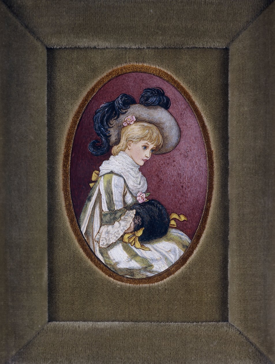 Ovaal portret van een blond meisje met een gevederde hoed en haar handen in haar mof door Kate Greenaway