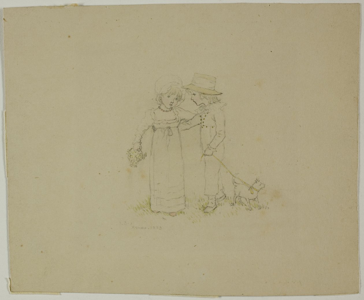 Twee kinderen met hond door Kate Greenaway
