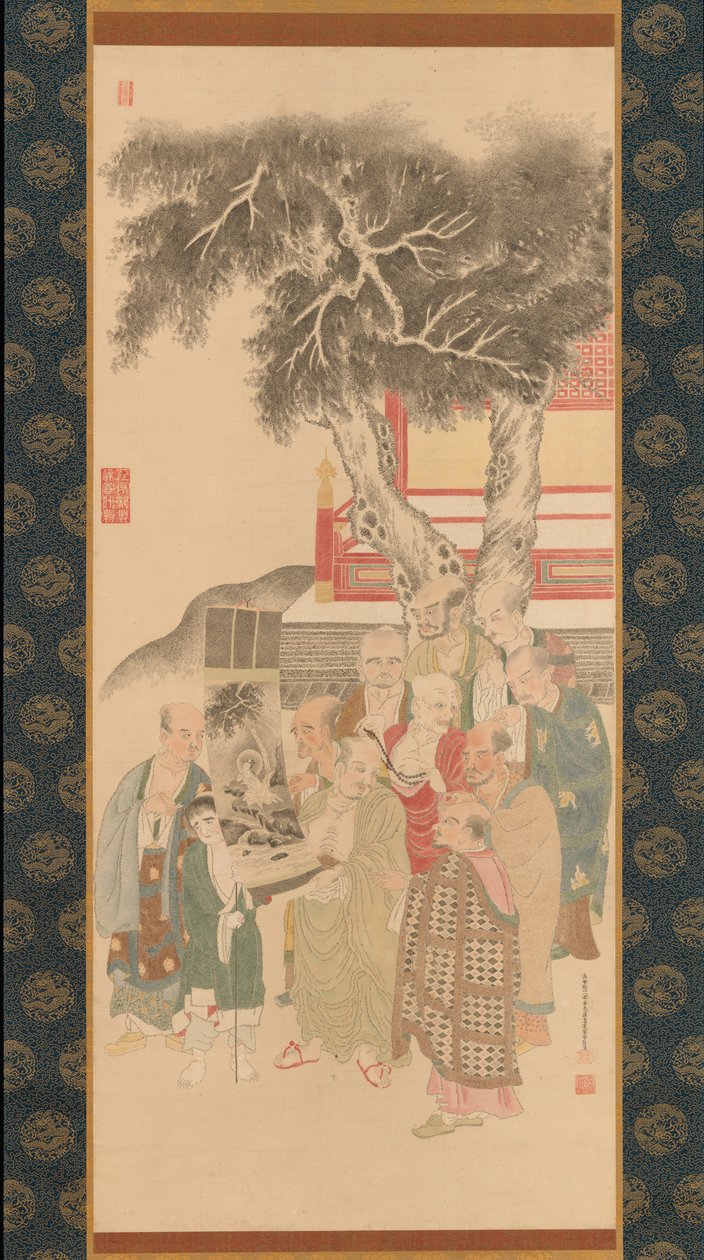 Tien Rakan die een schilderij van de Witte Kannon onderzoeken door Kato Nobukiyo