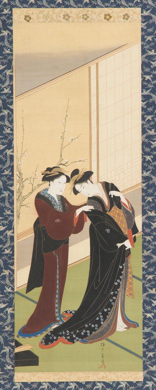 Interieur: een vrouw helpt een meisje zich aan te kleden, Edo periode, 1726-1792 door Katsukawa Shuncho