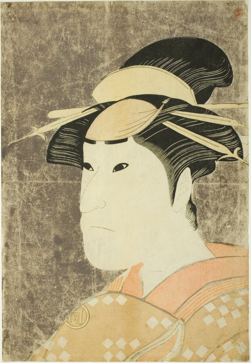 De acteur Sanogawa Ichimatsu III als de Gion-prostituee Onayo in het toneelstuk "Hana-ayame Bunroku Soga," opgevoerd in het Miyako Theater in de vijfde maand, 1794. door Katsukawa Shun