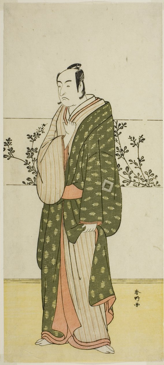 De acteur Ichikawa Monnosuke II, mogelijk als Matsuya Soshichi, in het toneelstuk Chiyo no Hajime Ondo no Seto (Begin van de Eeuwigheid: De Ondo Straat in de Seto Binnenzee) (), Opgevoerd in het Kiri Theater vanaf de Zevenentwintigste Dag van de Zevende Ma door Katsukawa Shunkо̄