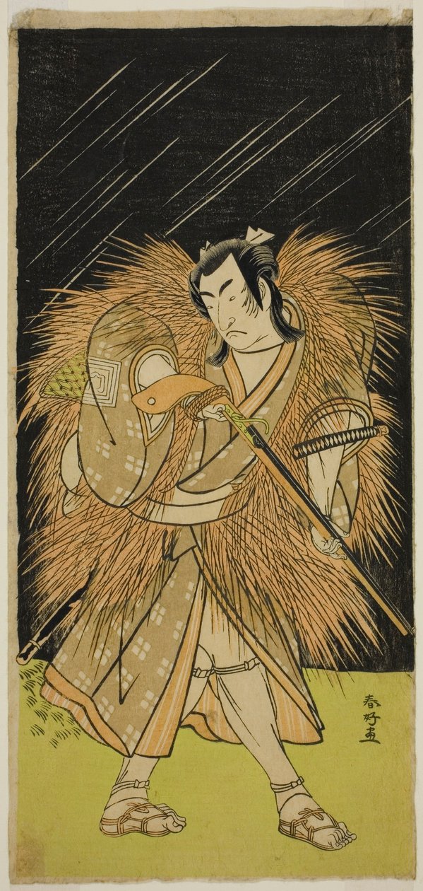 De acteur Ichikawa Monnosuke II als Hayano Kampei in het toneelstuk Kanadehon Chushin Najori no Kura, opgevoerd in het Nakamura Theater in de negende maand, 1780 door Katsukawa Shunkо̄