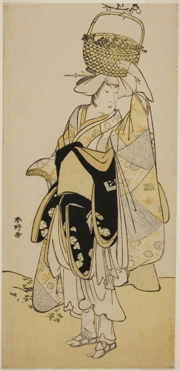 De acteur Ichikawa Yaozo III als Shiragiku in de danssequentie "Shinobu Uri" in het toneelstuk Hatsuhana Mimasu Soga, opgevoerd in het Nakamura Theater in de eerste maand, 1785 door Katsukawa Shunkо̄