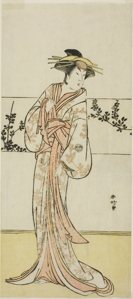 De acteur Segawa Kikunojo III, mogelijk als de courtisane Kojoro van Hakata, in het toneelstuk Chiyo no Hajime Ondo no Seto (Begin van de Eeuwigheid: De Ondo Straat in de Seto Binnenzee) (), opgevoerd in het Kiri Theater vanaf de zevenentwintigste dag van  door Katsukawa Shunkо̄