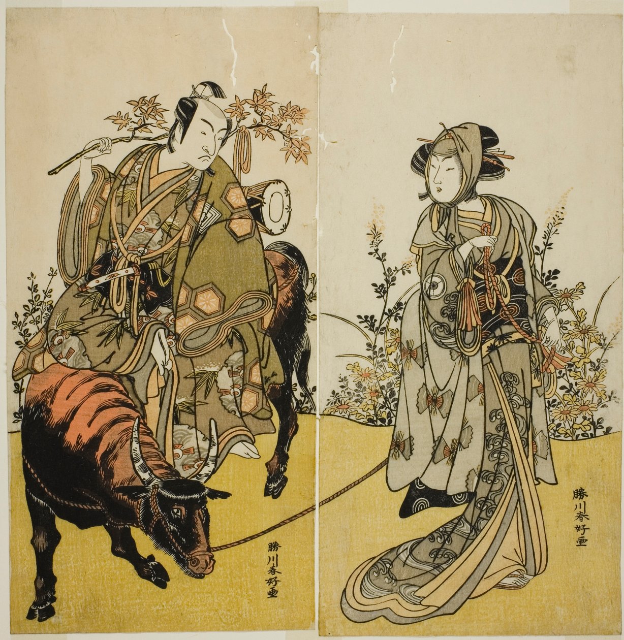 De acteurs Iwai Hanshiro IV als Okume (rechts), en Ichikawa Monnosuke II als Koshiba Yukienojo Vermomd als de Eboshi Verkoper Rokusaburo (links), in het stuk Katakiuchi Adana Kashiku, Opgevoerd in het Nakamura Theater in de Zevende Maand, 1779 door Katsukawa Shunkо̄