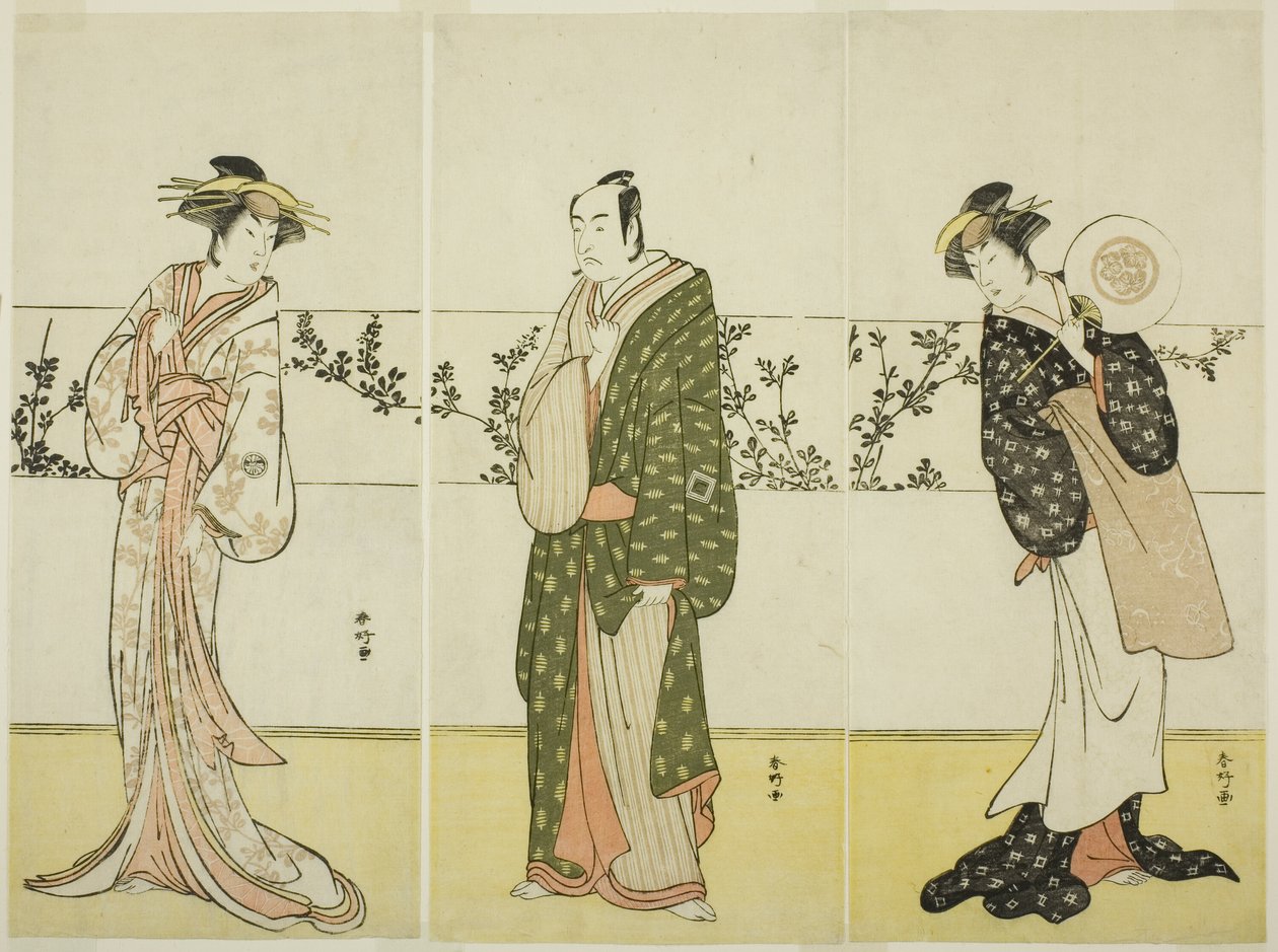 De acteurs Osagawa Tsuneyo II (rechts), Ichikawa Monnosuke II (midden), en Segawa Kikunojo III (links), mogelijk als Misao Gozen, Matsuya Soshichi, en de courtisane Kojoro van Hakata, in het toneelstuk Chiyo no Hajime Ondo no Seto (Het begin van de eeuwigh door Katsukawa Shunkо̄