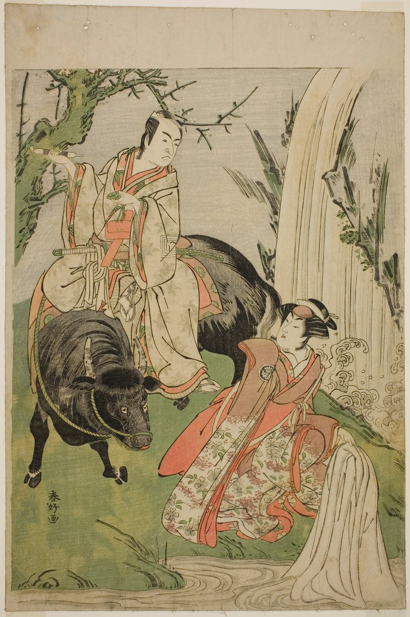 De acteurs Segawa Kikunojo III als prinses Hatsune (Hatsune Hime) (rechts), en Ichikawa Monnosuke II als Miyukinosuke Yukinari, in het toneelstuk Otokoyama Furisode Genji, Opgevoerd in het Kiri Theater in de Elfde Maand, 1785 door Katsukawa Shunkо̄