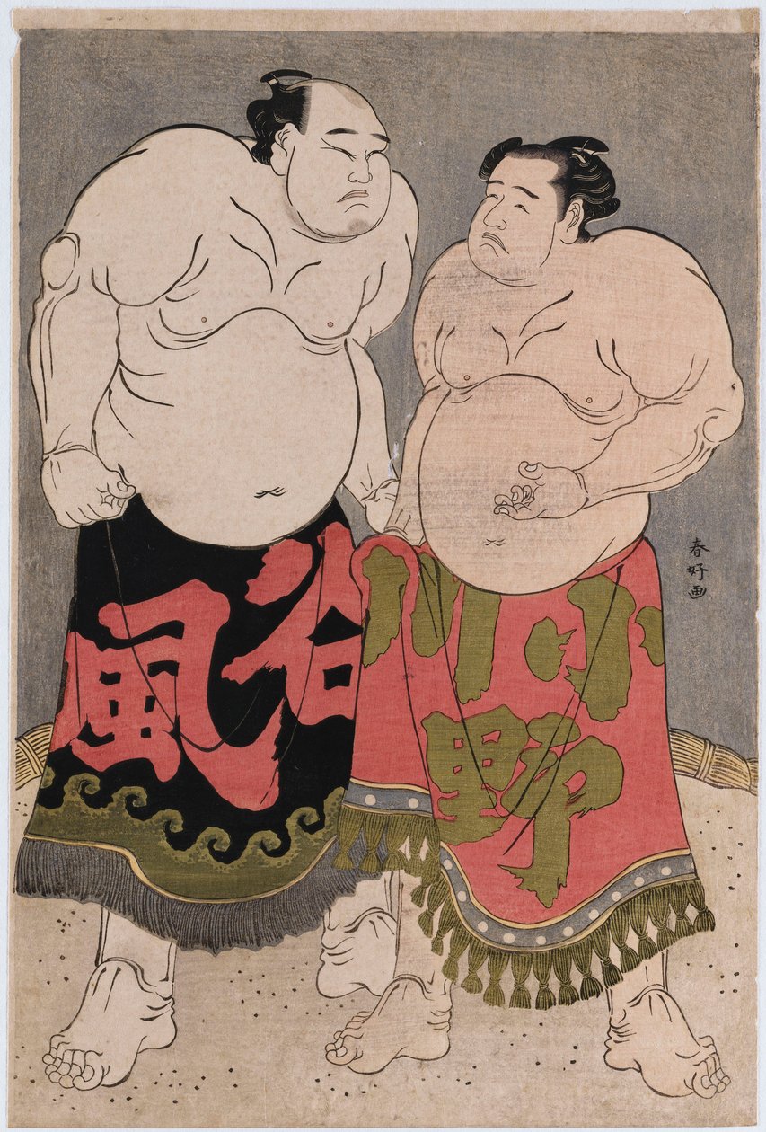 Volledige portretten van de worstelaars Onogawa Kisaburo, rechts en Tanizake Kajinosuke links door Katsukawa Shunko
