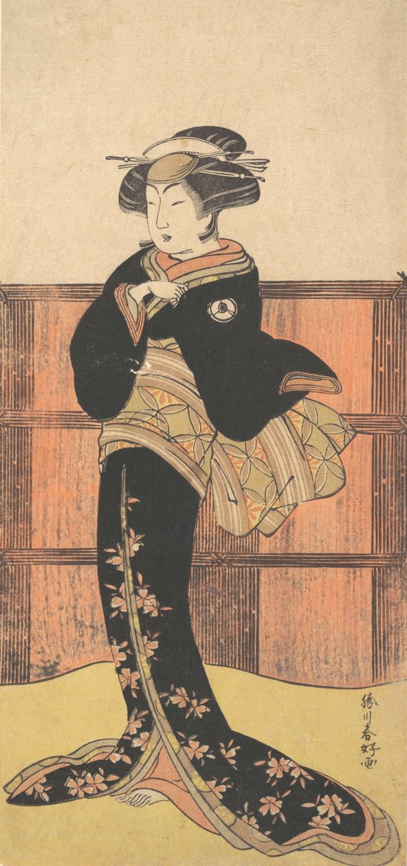 De vierde Iwai Hanshiro als een vrouw in een zwarte kimono door Katsukawa Shunko