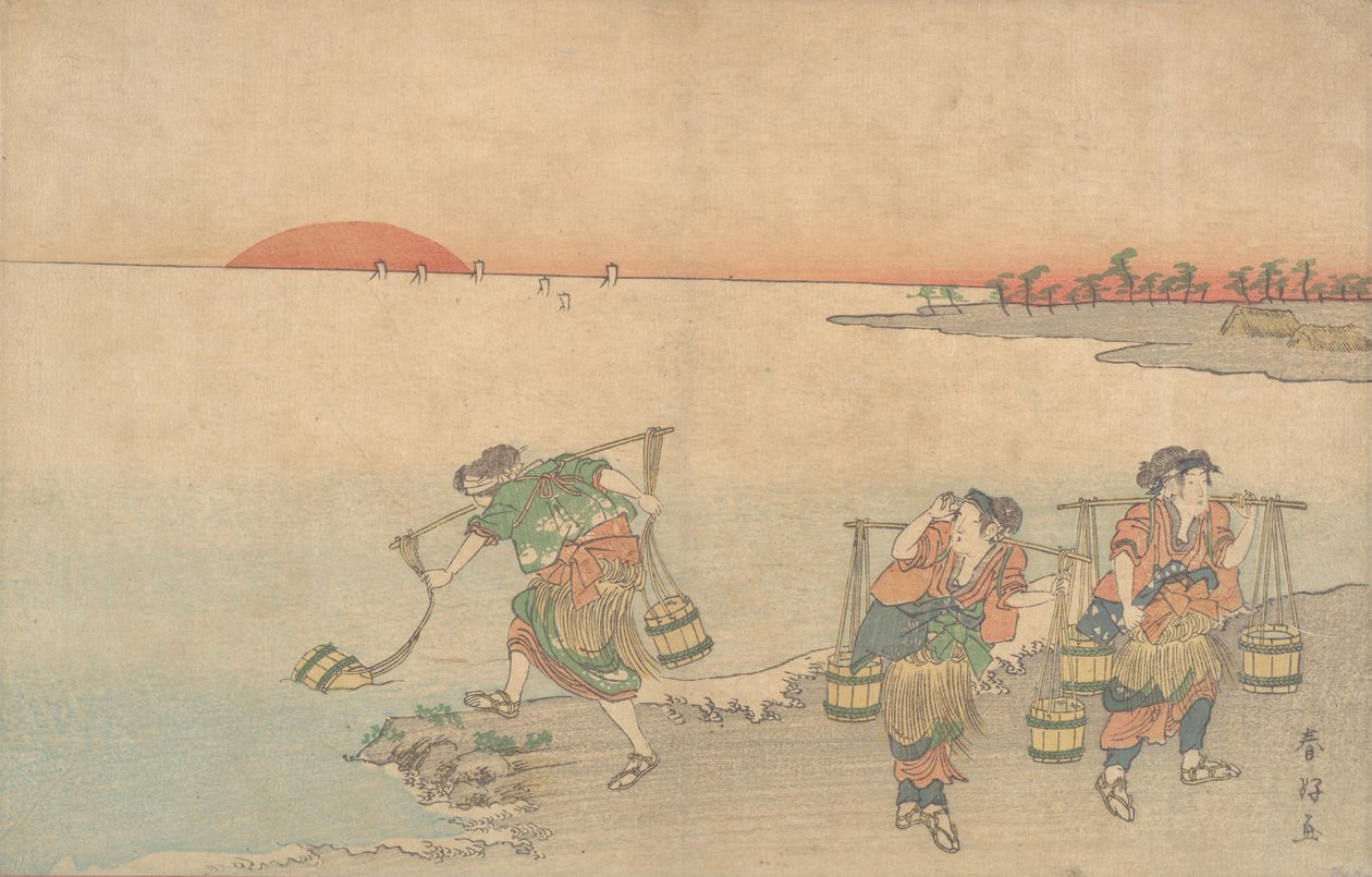 Drie Waterdragers aan de Oever, laat 18e eeuw door Katsukawa Shunko