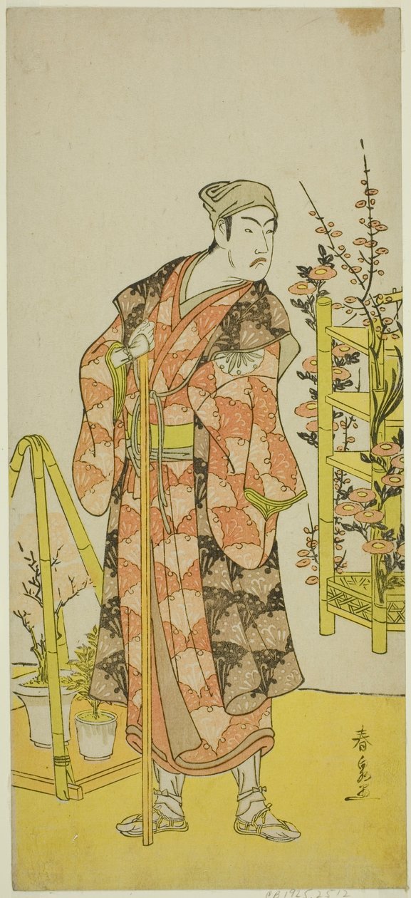 De Acteur Matsumoto Koshiro IV als de Plantverkoper Awashima no Yonosuke in het stuk Mukashi Otoko Yuki no Hinagata, Uitgevoerd in het Ichimura Theater in de elfde maand, 1781 door Katsukawa Shunsen