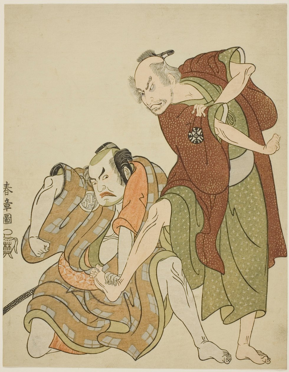 Acteurs in de rollen van Giheiji en zijn schoonzoon, Danshichi Kurobei door Katsukawa Shunsho