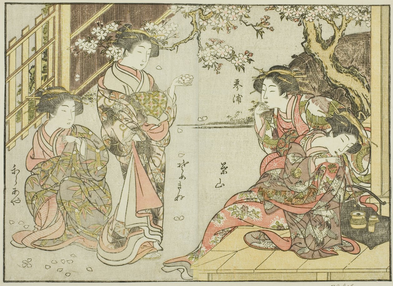Courtisanes van de Asahimaruya, uit het boek "Spiegel van mooie vrouwen van de plezierwijken (Seiro bijin awase sugata kagami)," deel 1 door Katsukawa Shunsho