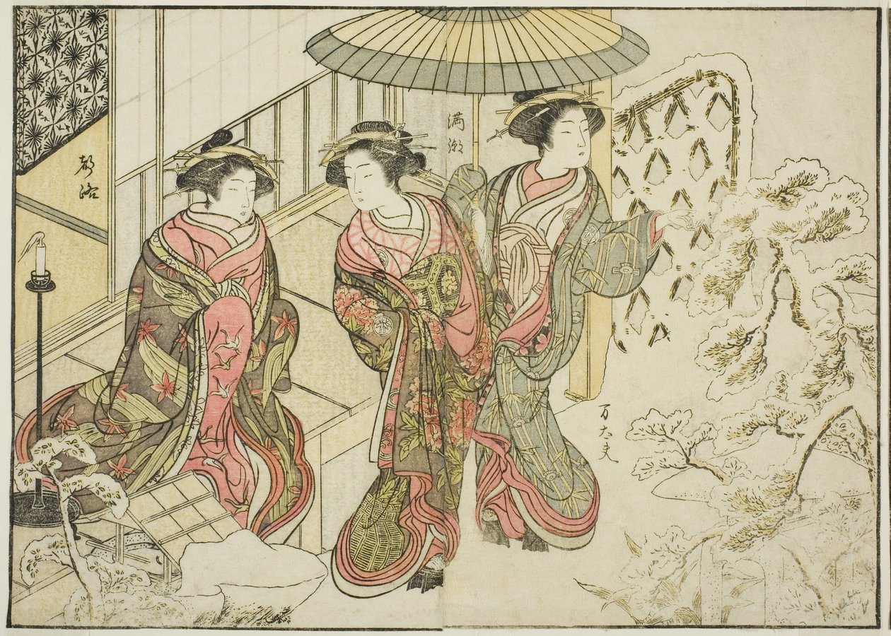 Courtisanes van de Nakaomiya, uit het boek "Spiegel van mooie vrouwen van de plezierwijken (Seiro bijin awase sugata kagami)," deel 2 door Katsukawa Shunsho