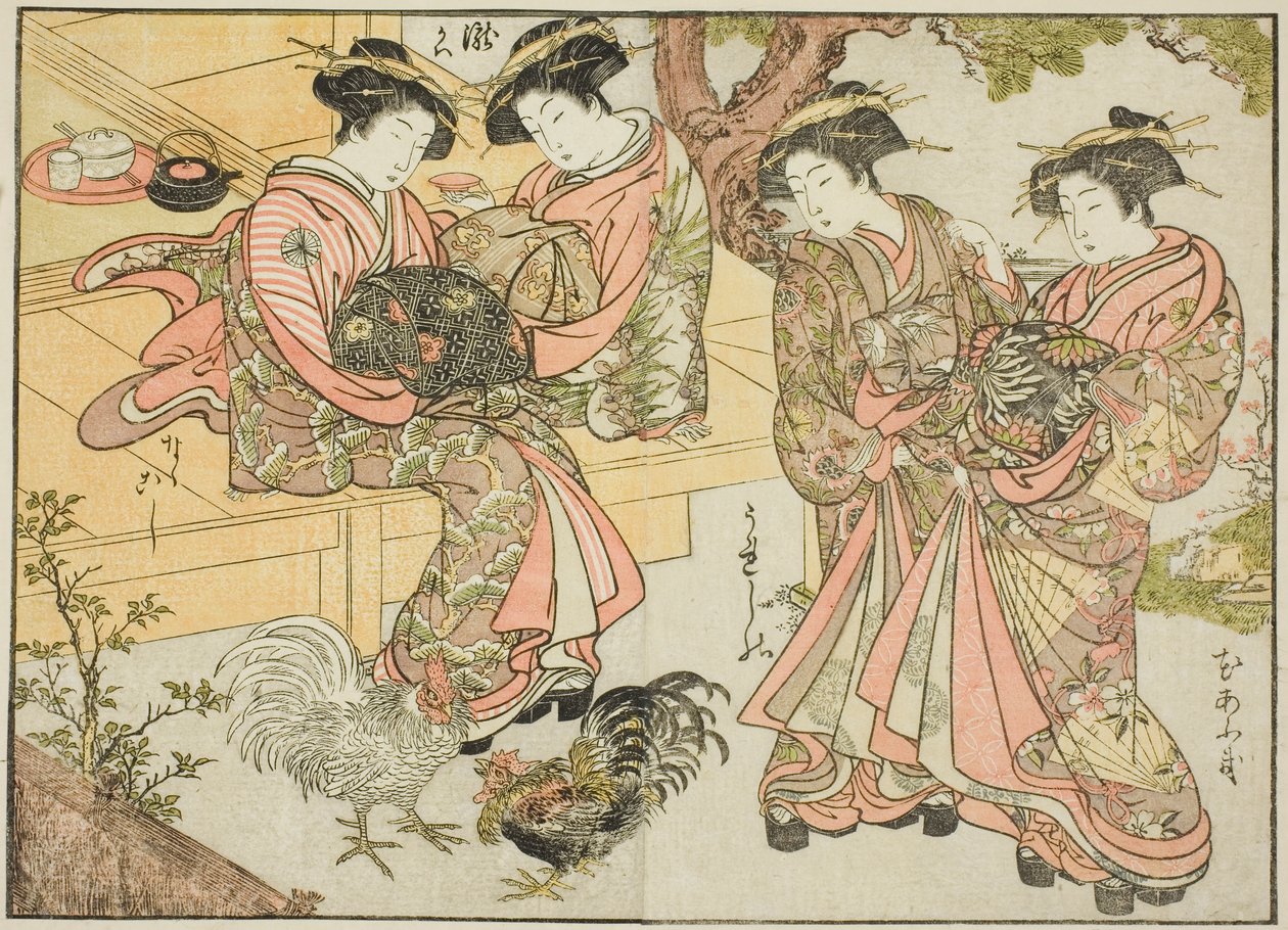 Courtisanes van de Ogiya, uit het boek "Spiegel van Mooie Vrouwen van de Plezierwijken (Seiro bijin awase sugata kagami)," deel 1 door Katsukawa Shunsho