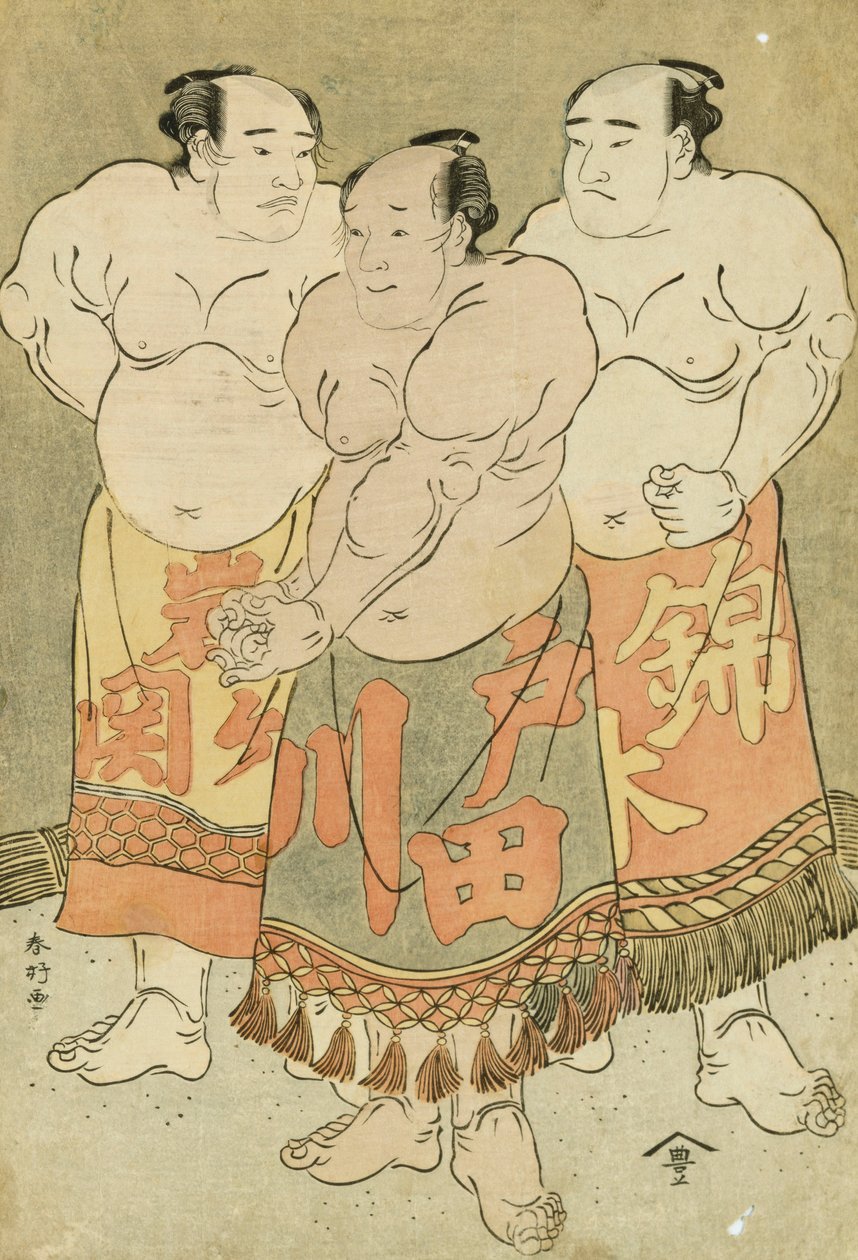 Volledige Portretten van de Worstelaars Nishikigi, Todagawa en Iwagaseki die zich in de Ring presenteren door Katsukawa Shunsho