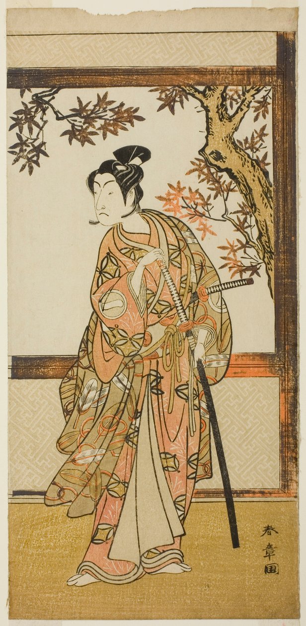 De acteur Ichikawa Monnosuke II als Shinokobe Shoji Yukihira in het stuk Gohiiki Kanjincho, uitgevoerd in het Nakamura Theater in de elfde maand, 1773 door Katsukawa Shunsho