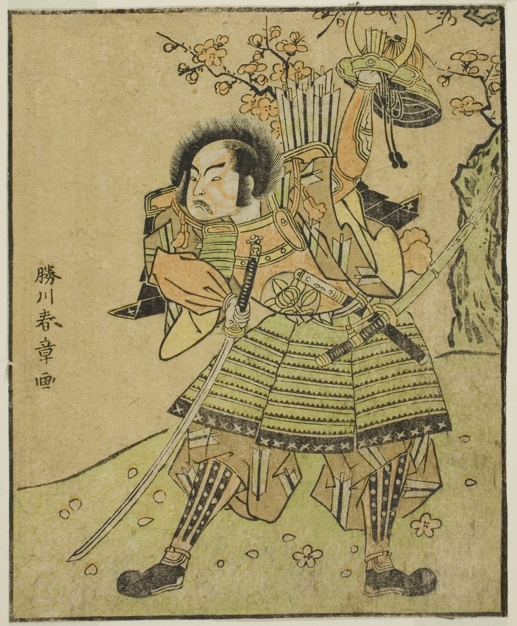 De acteur Ichimura Uzaemon IX als Kajiwara Genta no Kagetoki (?), in het stuk Myoto-giku Izu no Kisewata, uitgevoerd in het Nakamura Theater in de elfde maand, 1770 door Katsukawa Shunsho
