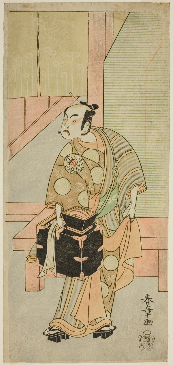 De acteur Ichimura Uzaemon IX als de kapper Komagata Ikkaku in het stuk Fuji no Yuki Kaikei Soga, uitgevoerd in het Ichimura Theater in de eerste maand, 1770 door Katsukawa Shunsho