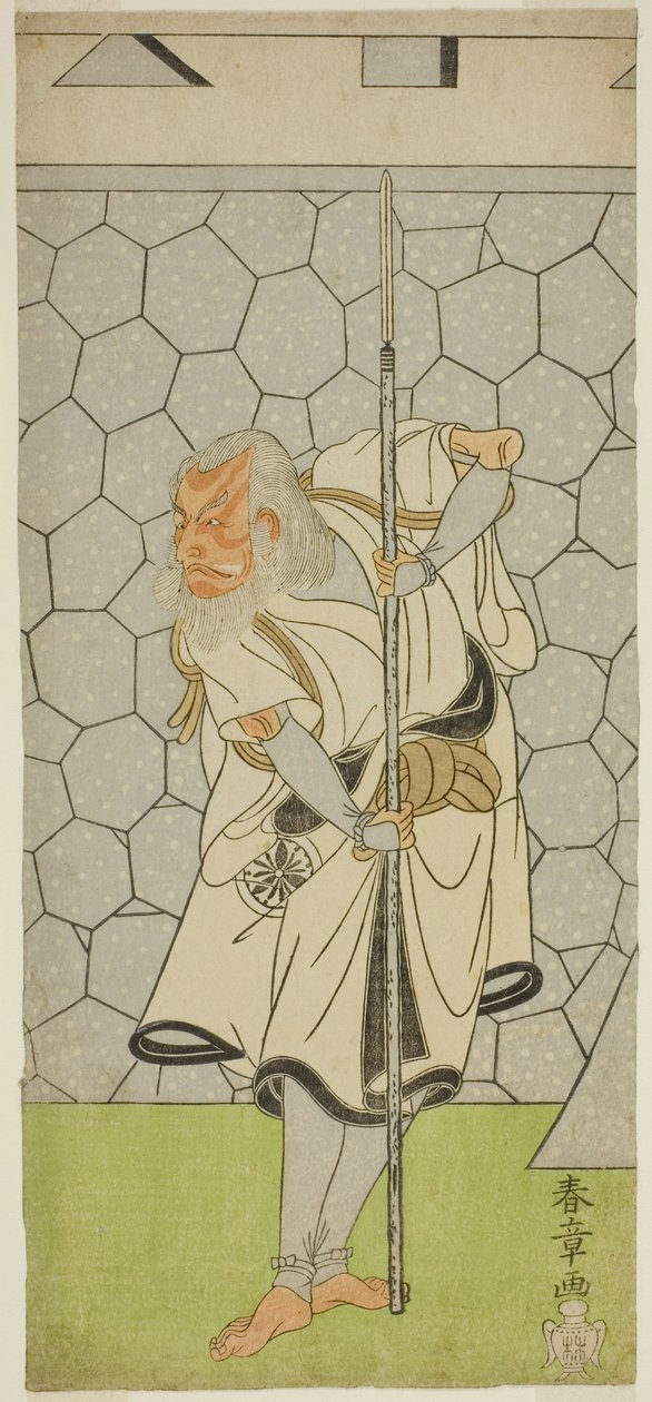 De acteur Matsumoto Koshiro III als Kikuchi Hyogo Narikage in het toneelstuk Katakiuchi Chuko Kagami, uitgevoerd in het Nakamura Theater in de zesde maand, 1770 door Katsukawa Shunsho