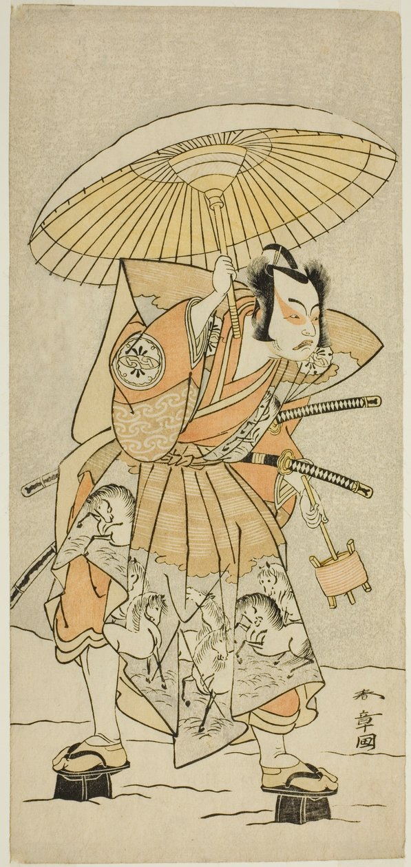 De acteur Nakamura Juzo II als Kajiwara Genta Kagetoki in het stuk Izu-goyomi Shibai no Ganjitsu, uitgevoerd in het Morita Theater in de elfde maand, 1772 door Katsukawa Shunsho