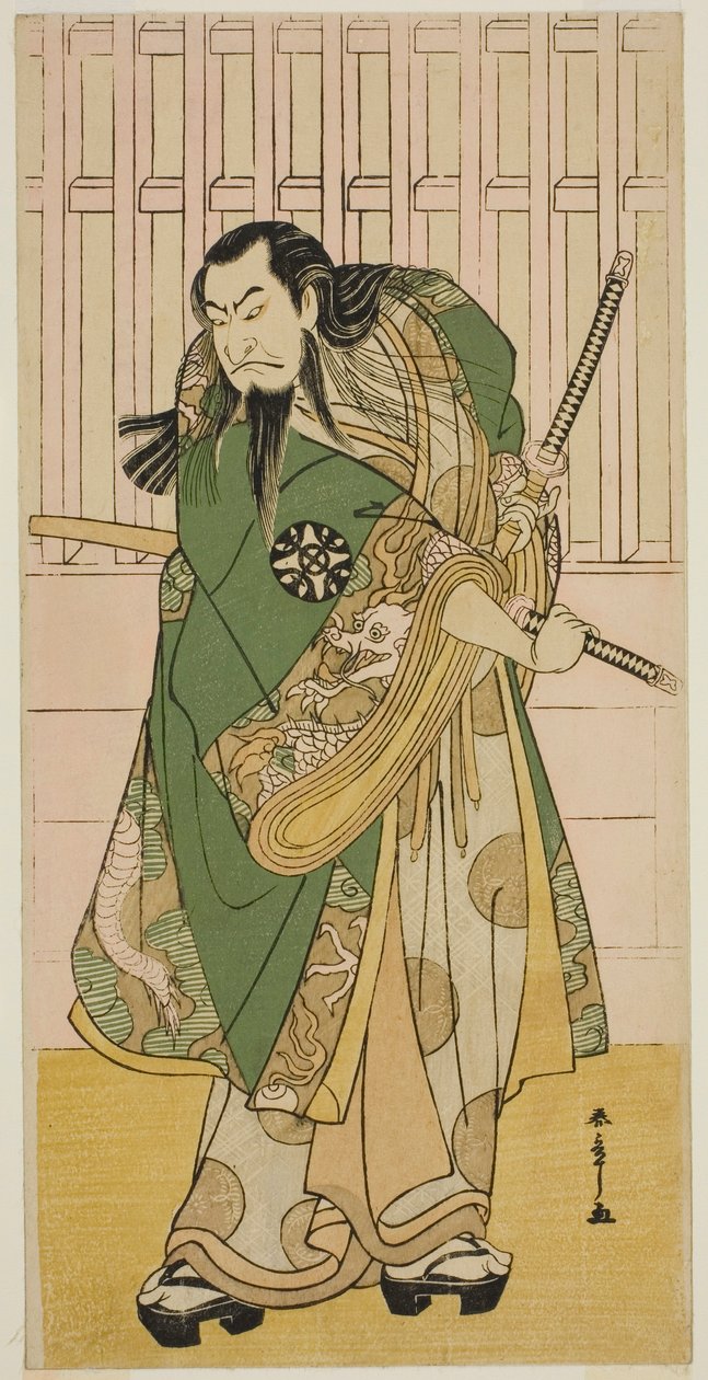 De acteur Nakamura Nakazo I als Hige no Ikyu in het stuk Nanakusa Yosooi Soga, uitgevoerd in het Nakamura Theater in de vijfde maand, 1782 door Katsukawa Shunsho