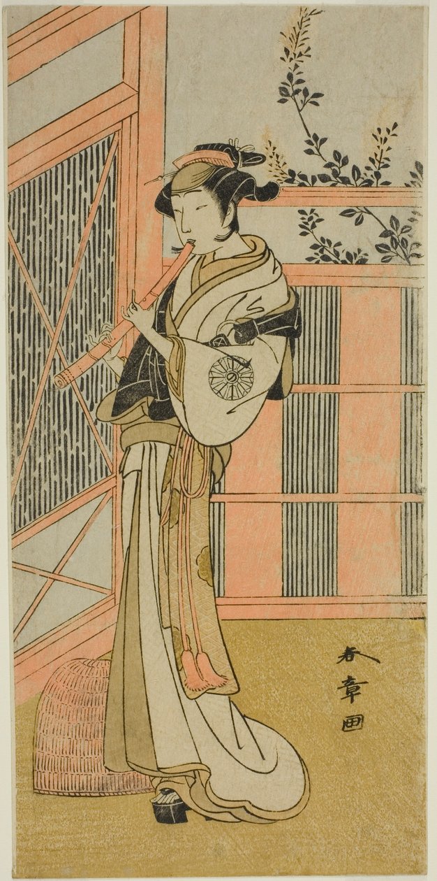 De acteur Nakamura Noshio I als Misao vermomd als een Komuso in het stuk Kosode-gura no Tekubari, uitgevoerd in het Morita Theater in de tweede maand, 1772 (?) door Katsukawa Shunsho